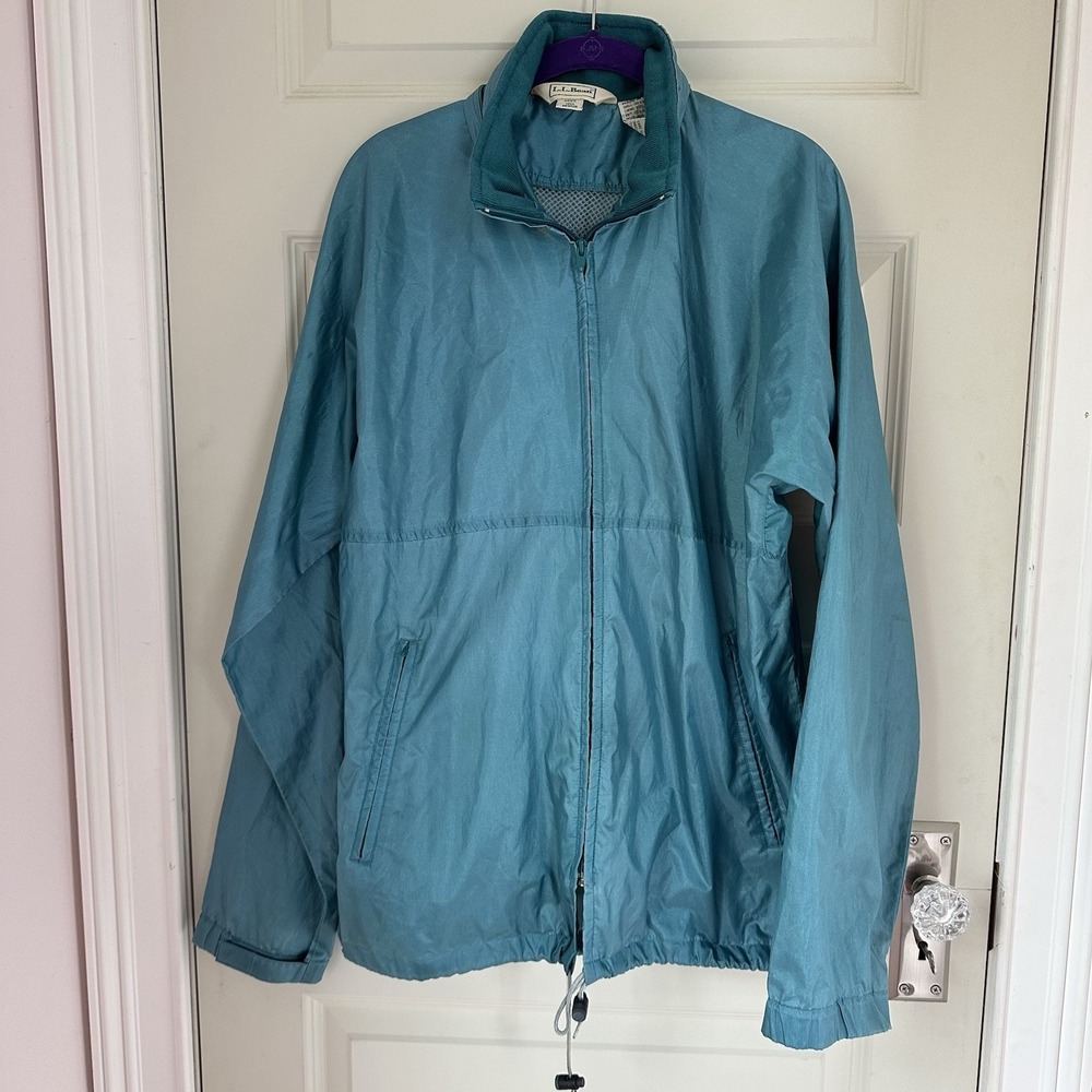 VTG 80/90s LL Bean Blue Green Nylon Hooded Windbreaker Jacket Men's Medium Tall